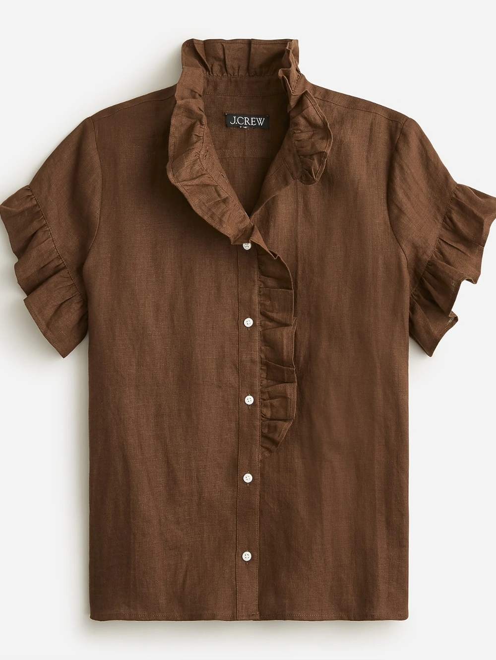 J.Crew Brown 100% Linen Button Down Shirt 4 Ruffle Minimalist Cottagecore